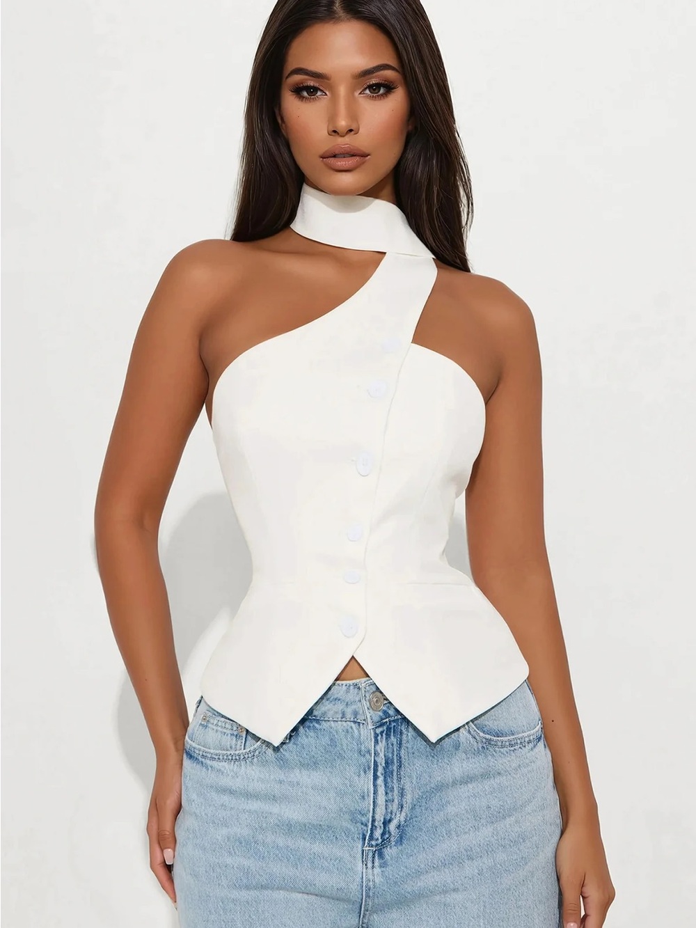Fashion Nova White One-Shoulder Corset Halter Top
